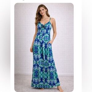 LOTS OF LOVE Blue Turquoise Beaded Center Boho Maxi Dress NWOT